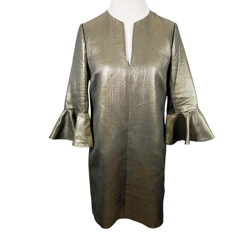 BCBG MAXAZRIA Judy Metallic Bell Sleeve Shift Dress Cocktail Holiday Size S - Picture 2 of 10